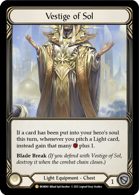 Vestige of Sol [MON060] 1st Edition Cold Foil, Monarch, Legendary, MON060