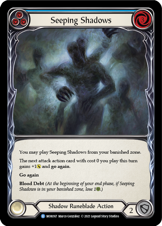 Seeping Shadows (Blue) [MON167] Unlimited Edition Rainbow Foil, Monarch, Rare, MON167