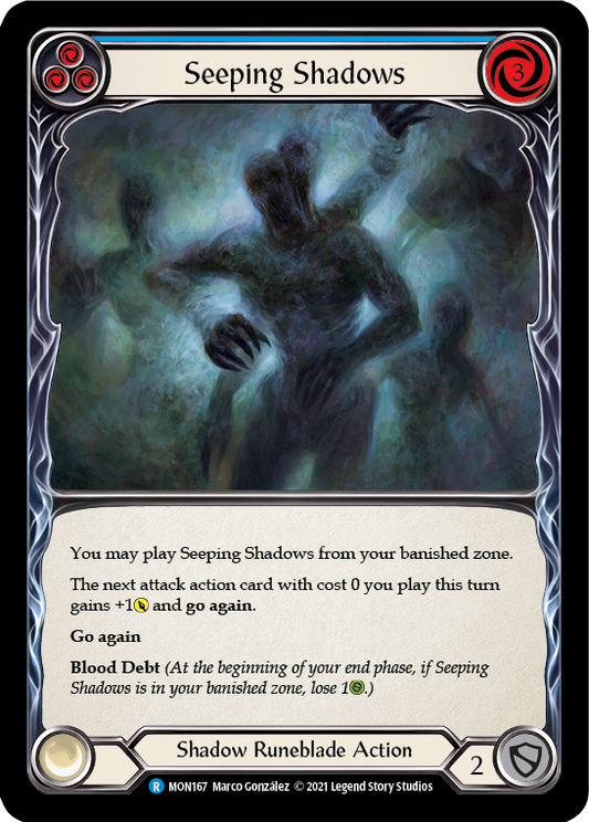 Seeping Shadows (Blue) [MON167] Unlimited Edition Rainbow Foil, Monarch, Rare, MON167