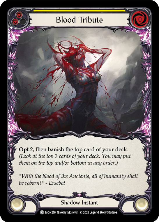 Blood Tribute (Yellow) [MON216] Unlimited Edition Rainbow Foil, Monarch, Common, MON216