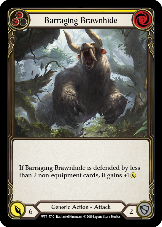 Barraging Brawnhide (Yellow) [WTR177] Unlimited Edition Rainbow Foil, Welcome to Rathe, Common, WTR177