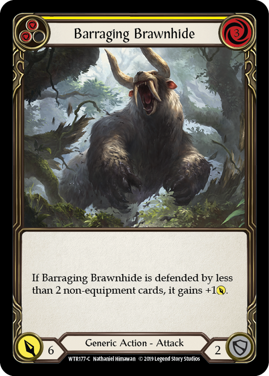 Barraging Brawnhide (Yellow) [WTR177] Unlimited Edition Rainbow Foil, Welcome to Rathe, Common, WTR177